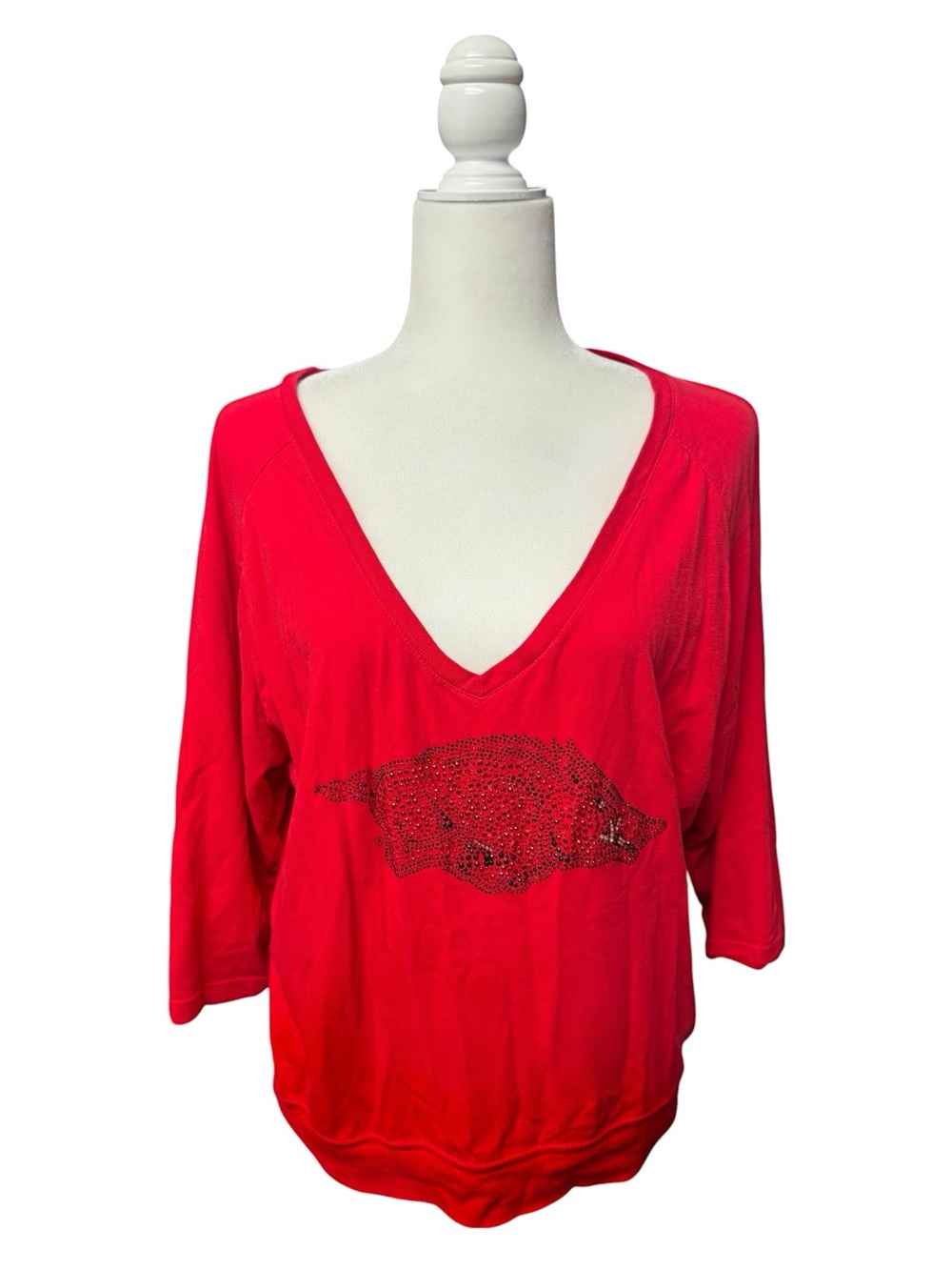 Emerson Street UofA Arkansas Women’s Red V-Neck Rhinestone Embellished Top small